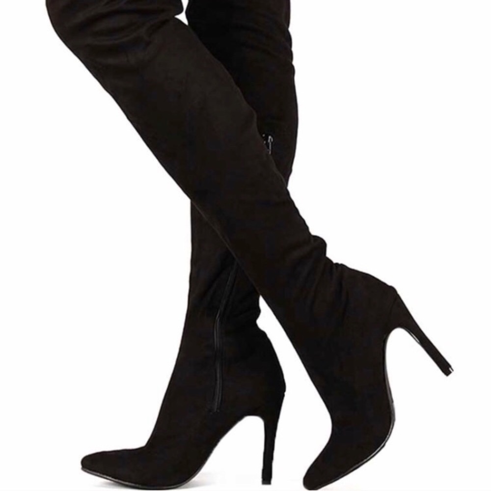 Black Faux Suede Thigh High Boots